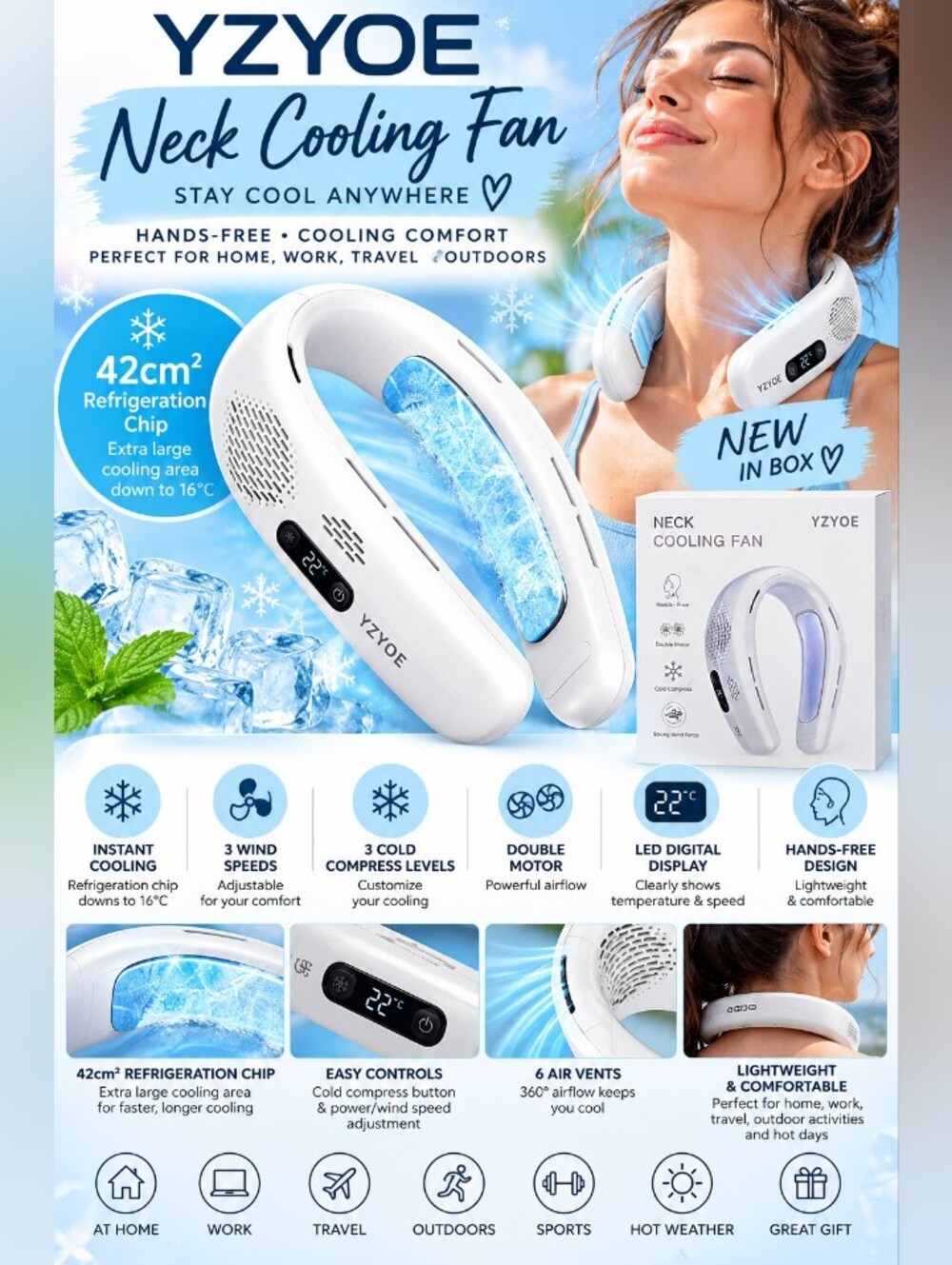 NEW YZYOE FB12 Neck Cooling Fan Cold Compress 4000mAh White